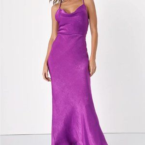 Exquisite Evening Purple Satin Cowl Neck Maxi Dress from Lulu